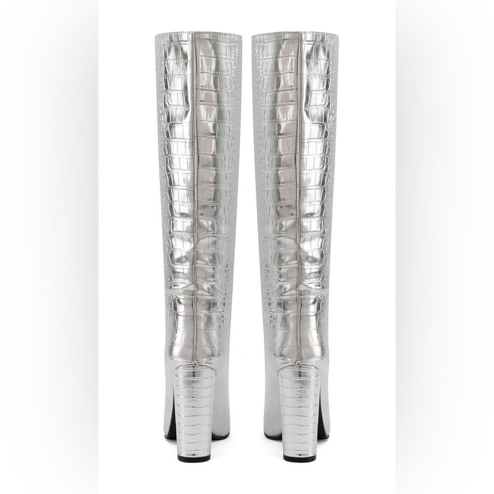 Silver Crocodile-Embossed Women's Knee High Boots - Picture 2 of 5